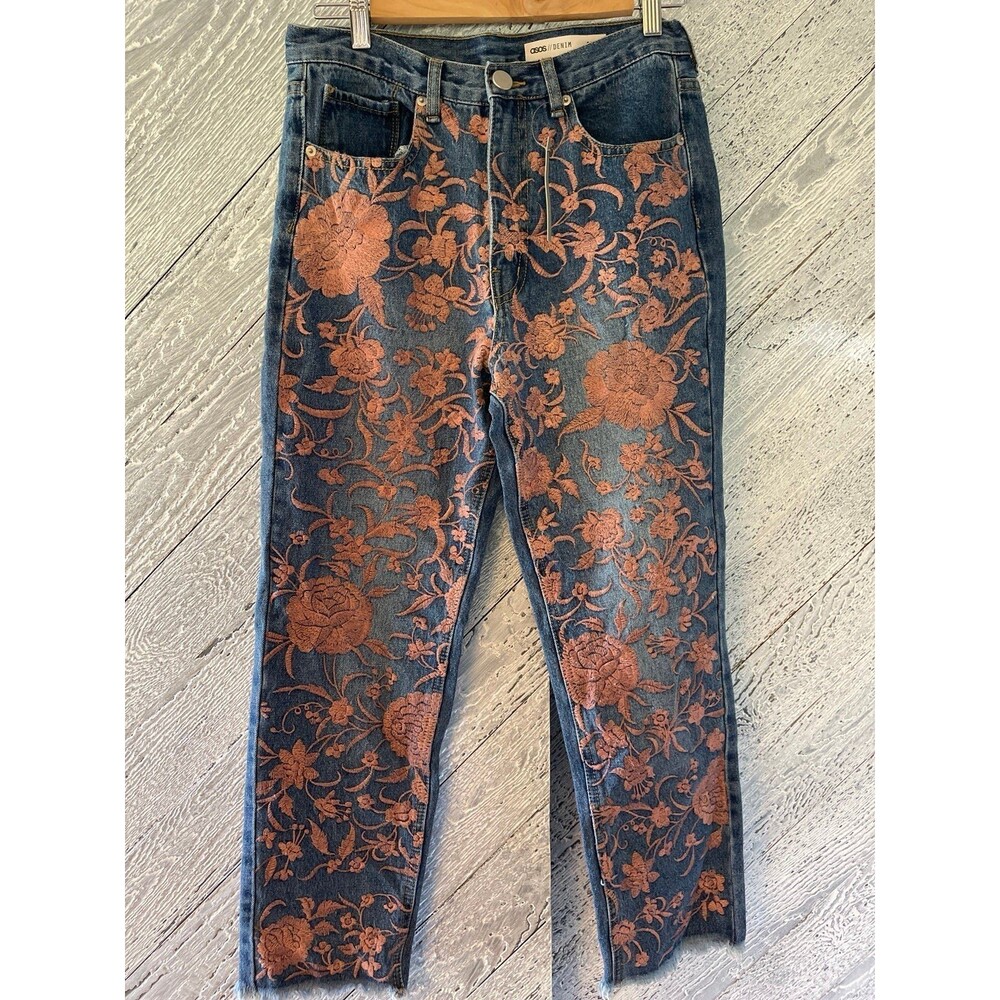 asos women’s “florence” embroidered straight leg frayed pant legs size 28/32